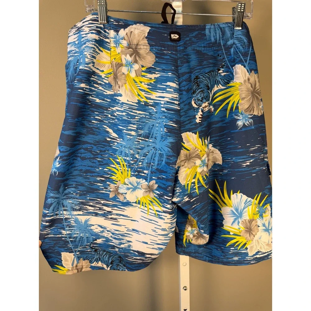 Rusty Blue Tropical Floral Swim Trunks Board Shorts Surf Beach  40 Bottle Opener